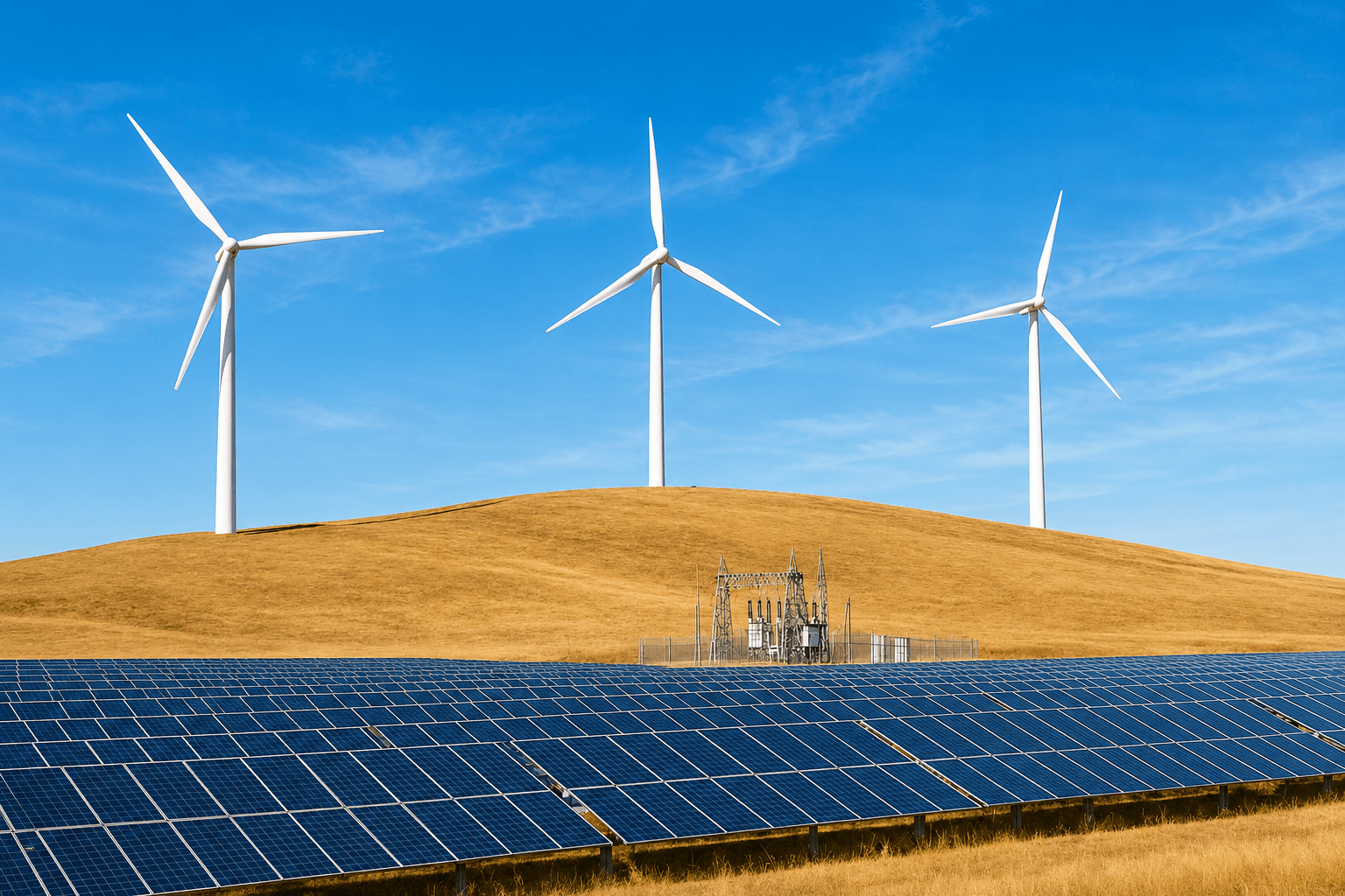 Wind turbines and solar panels on a renewable energy site